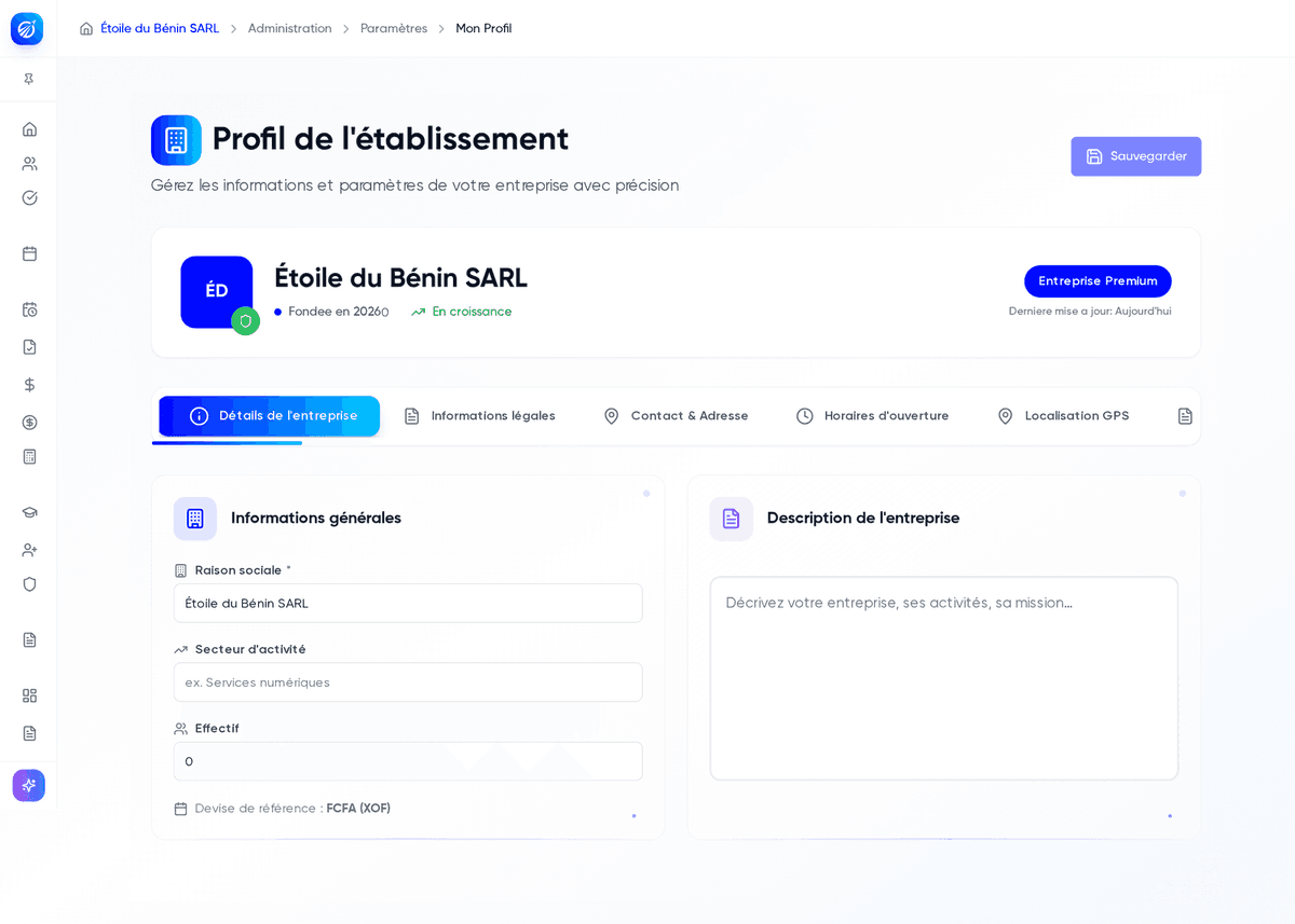 Profil de l’établissement avec ses onglets et l’onglet Détails de l’entreprise ouvert