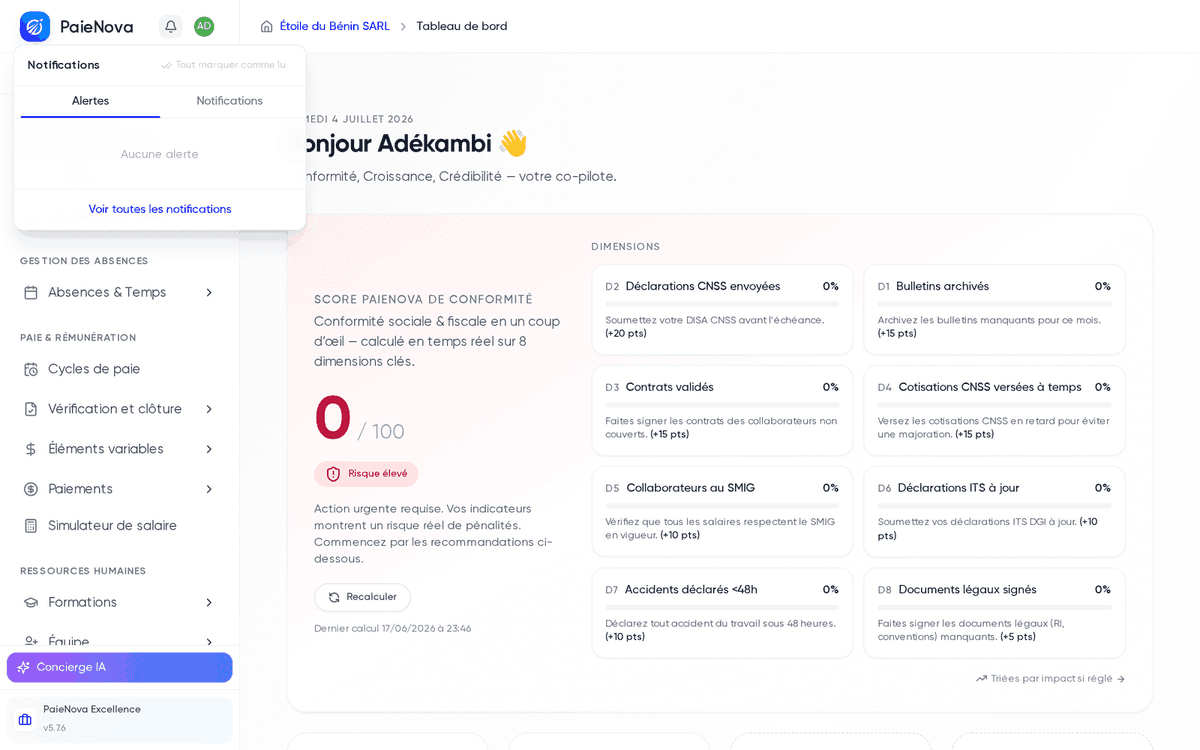 Panneau de notifications ouvert depuis la cloche, avec les onglets Alertes et Notifications et le lien Voir toutes les notifications