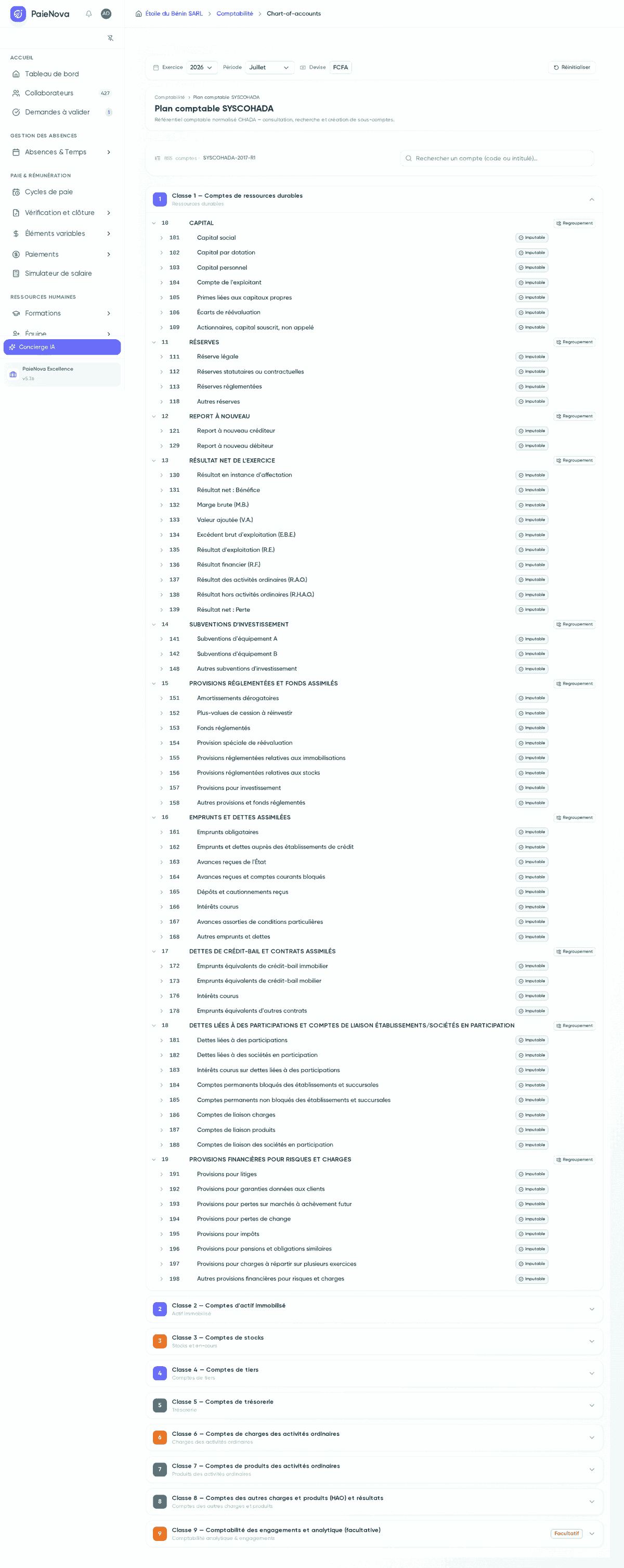 Arborescence du plan comptable SYSCOHADA organisée par classes avec le compteur de comptes du référentiel