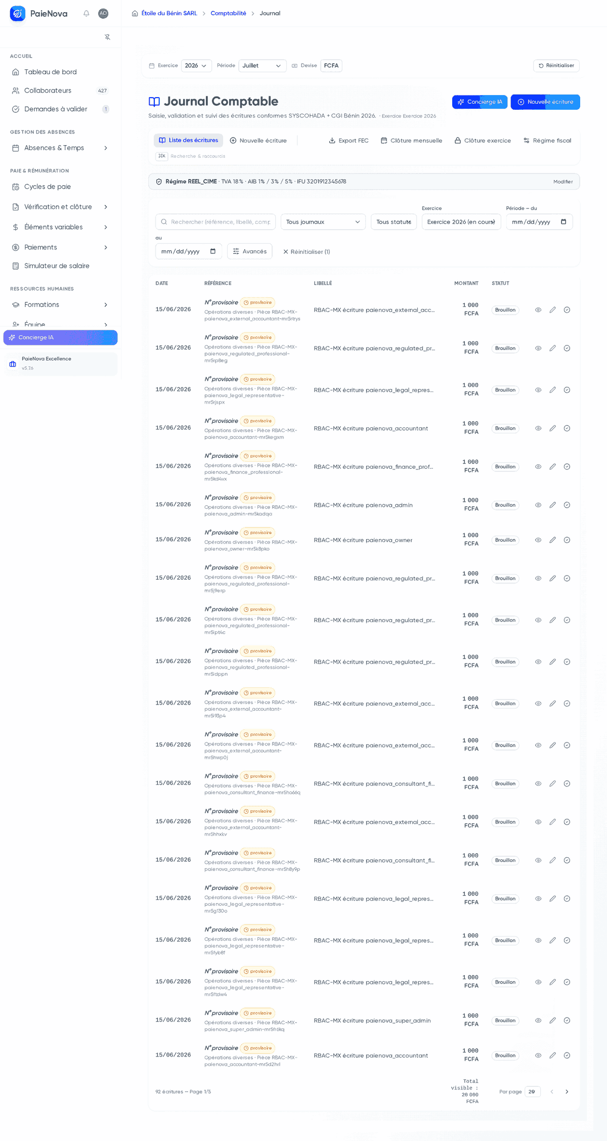 Journal comptable avec la liste des écritures, les filtres de recherche et les badges de statut