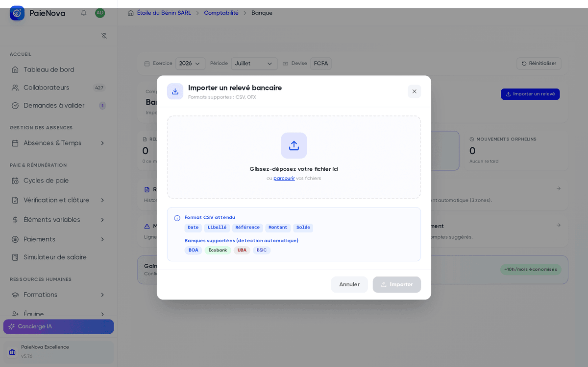Fenêtre d’import d’un relevé bancaire avec la zone de dépôt et le rappel des formats supportés CSV et OFX