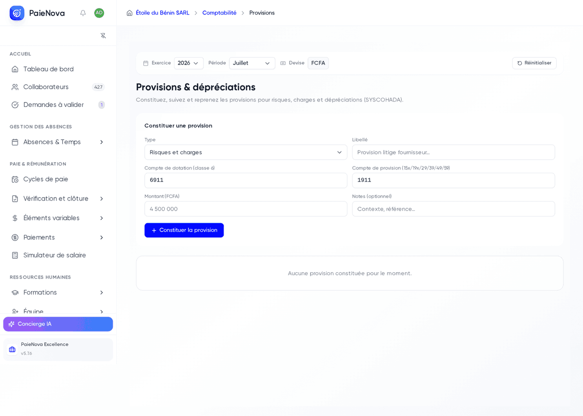 Page Provisions et dépréciations avec la liste des provisions et le formulaire Constituer une provision