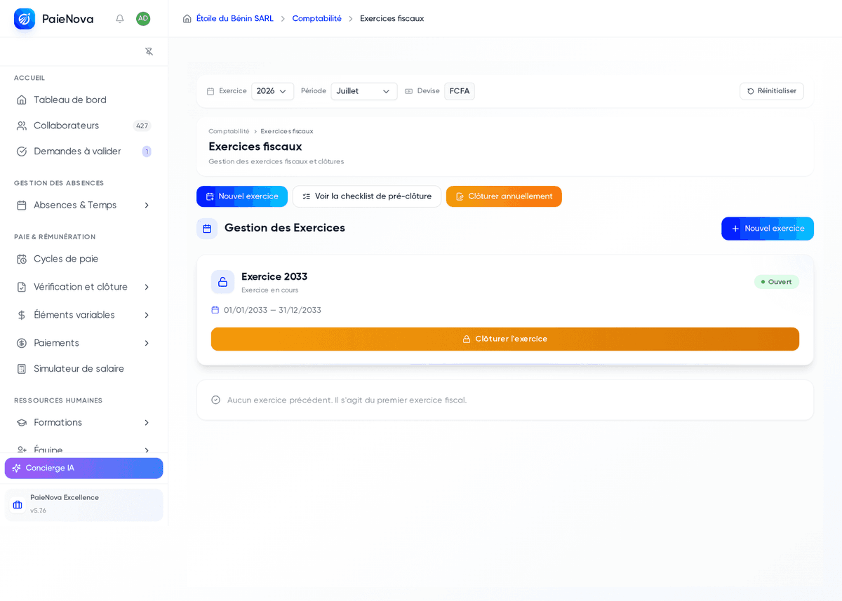 Page Exercices fiscaux avec la liste des exercices et la barre d’actions