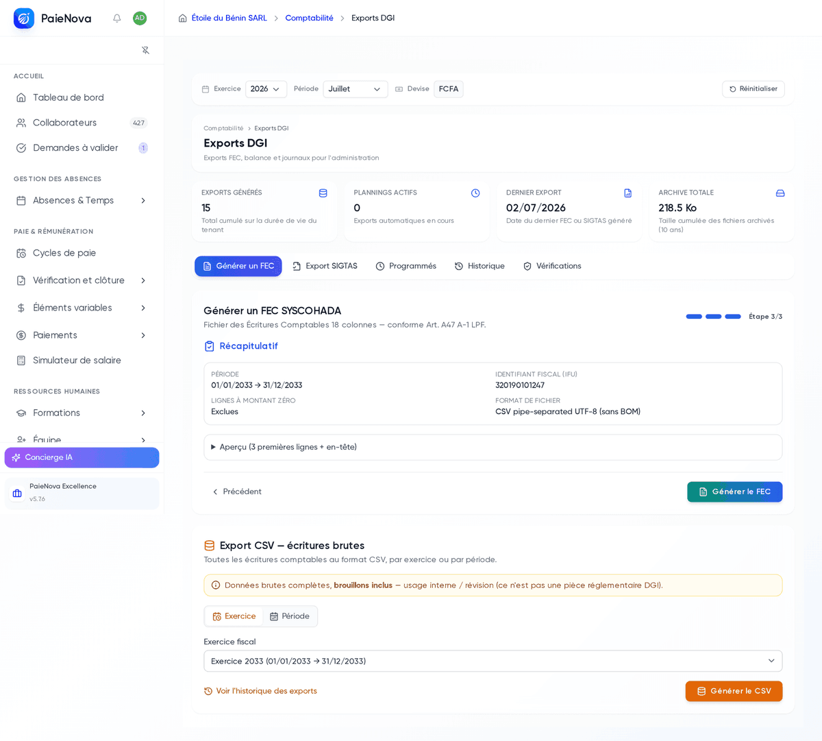 Assistant de génération du FEC à l’étape 3 sur 3 avec le récapitulatif avant lancement