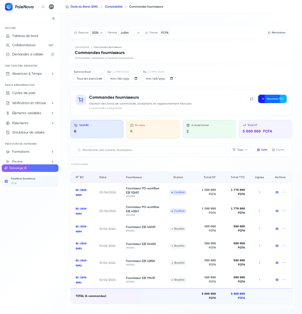Page Commandes fournisseurs avec les indicateurs et la liste des bons de commande filtrable par statut