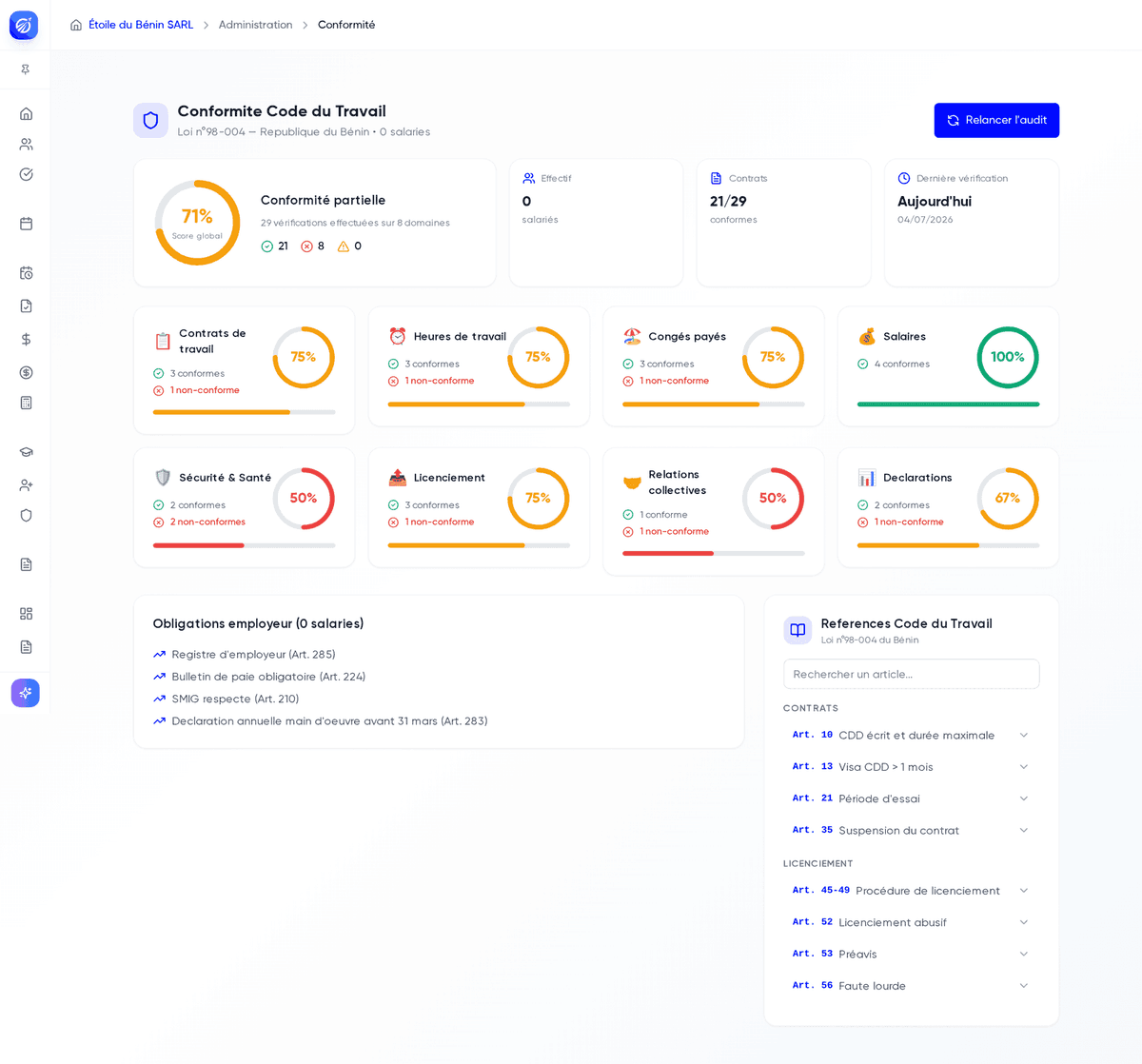 Tableau de bord Conformité Code du Travail avec le score global, les cartes de domaines et les obligations employeur