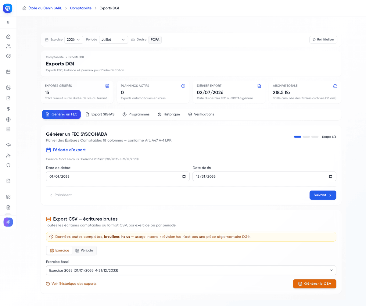 Hub Exports DGI avec ses onglets Générer un FEC, Export SIGTAS, Programmés, Historique et Vérifications