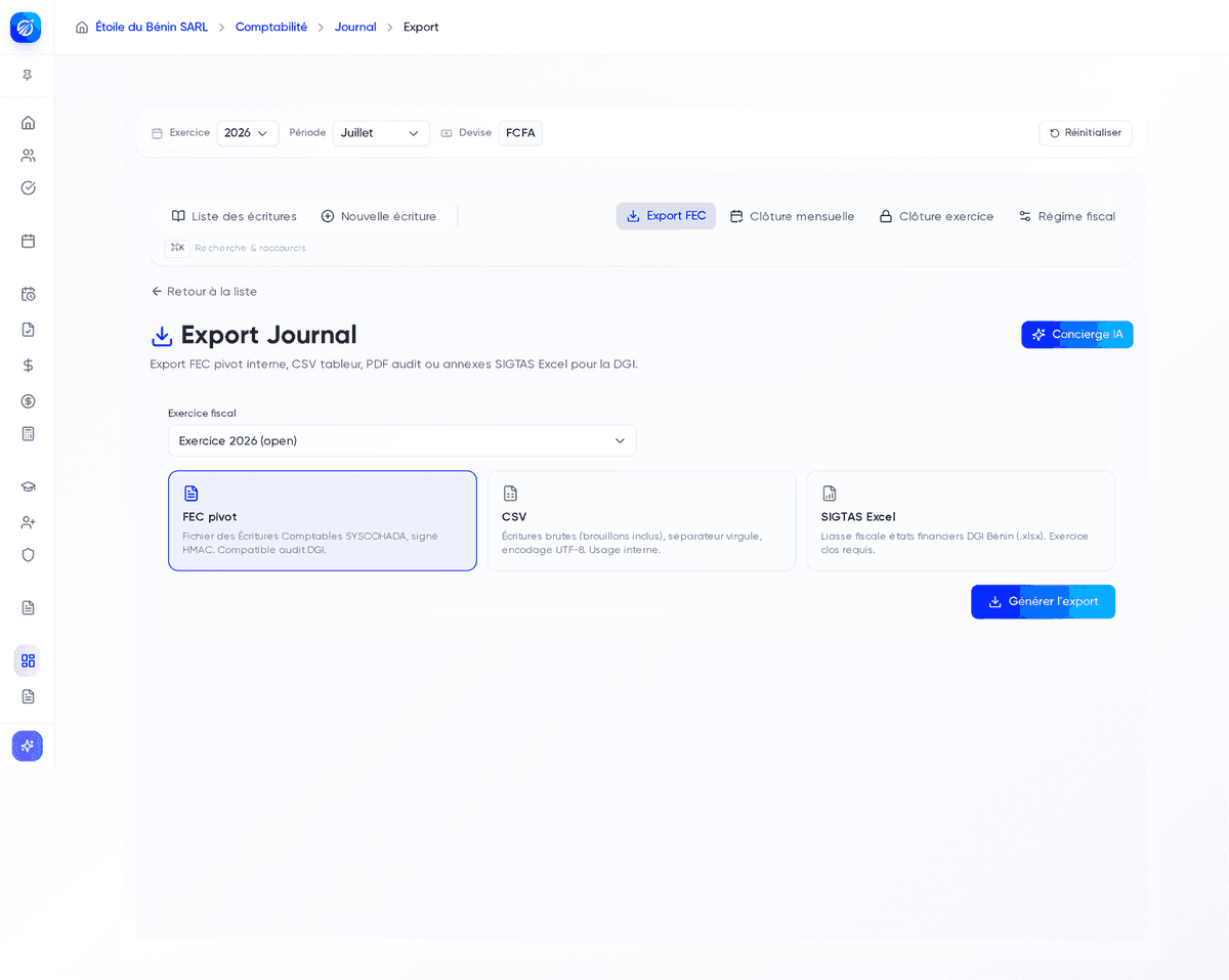 Page Export Journal avec le panneau d’export FEC et les annexes SIGTAS