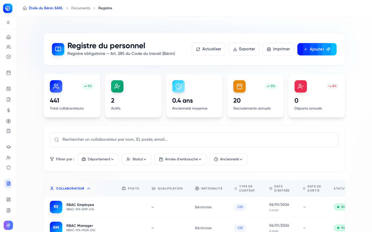 Registre du personnel avec la mention Registre obligatoire Art. 285 du Code du travail du Bénin, les statistiques et les filtres