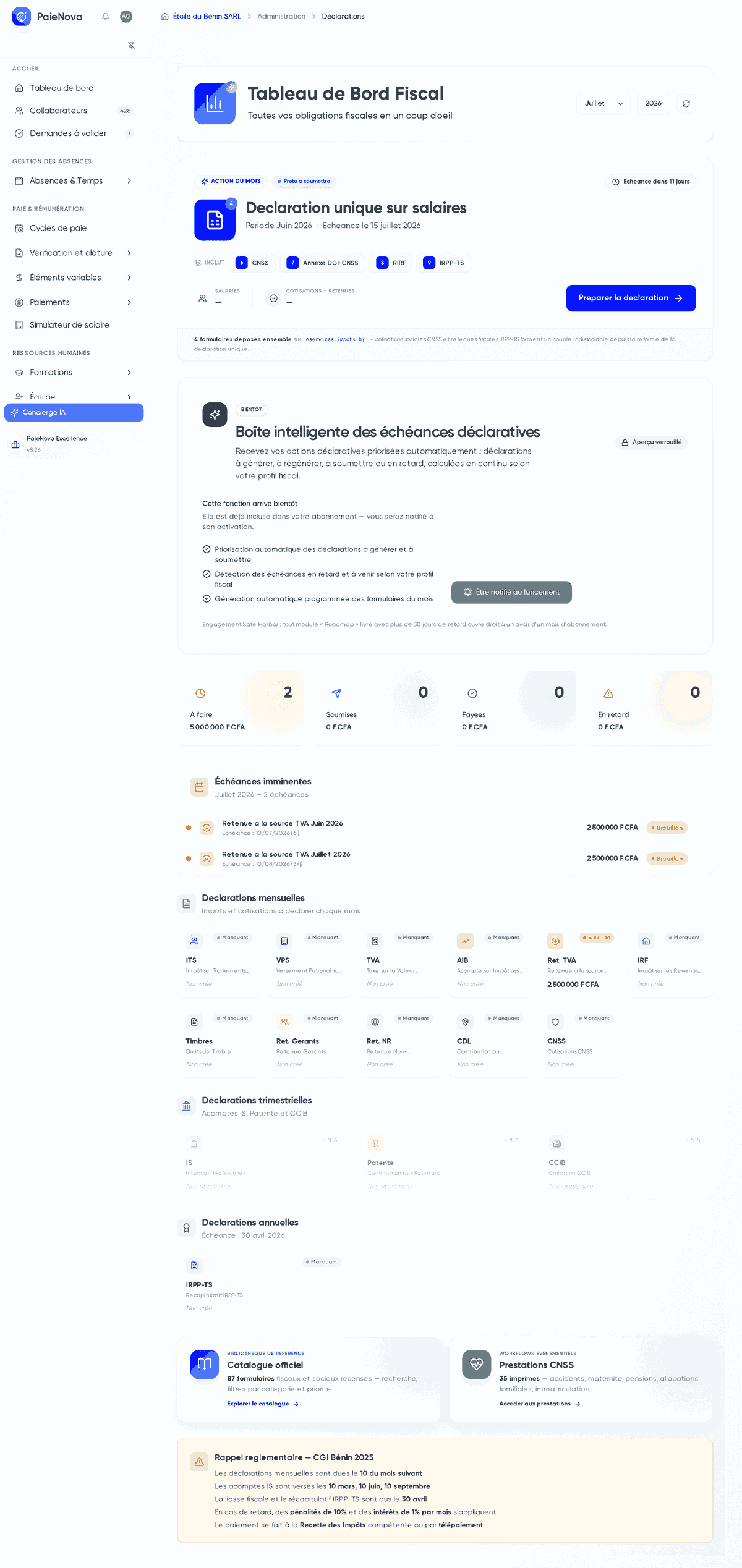 Tableau de Bord Fiscal avec la carte Action du mois, les quatre indicateurs et le panneau des échéances imminentes