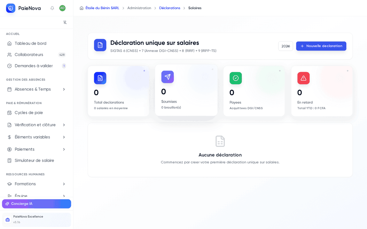 Liste des déclarations uniques sur salaires avec les cartes de statistiques, le filtre par année et le bouton Nouvelle déclaration