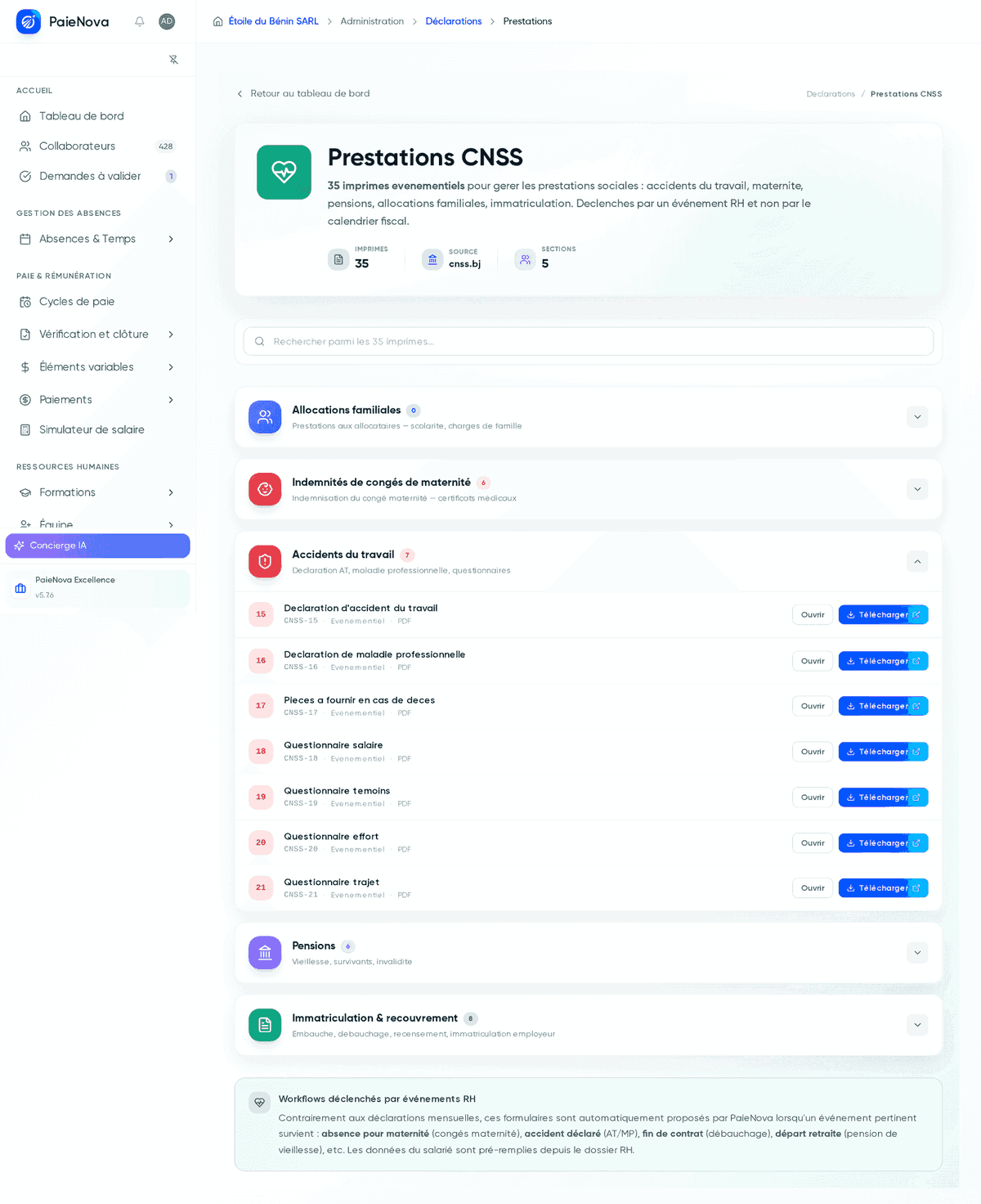 Page Prestations CNSS avec la barre de recherche et les cinq sections officielles, la section Accidents du travail dépliée