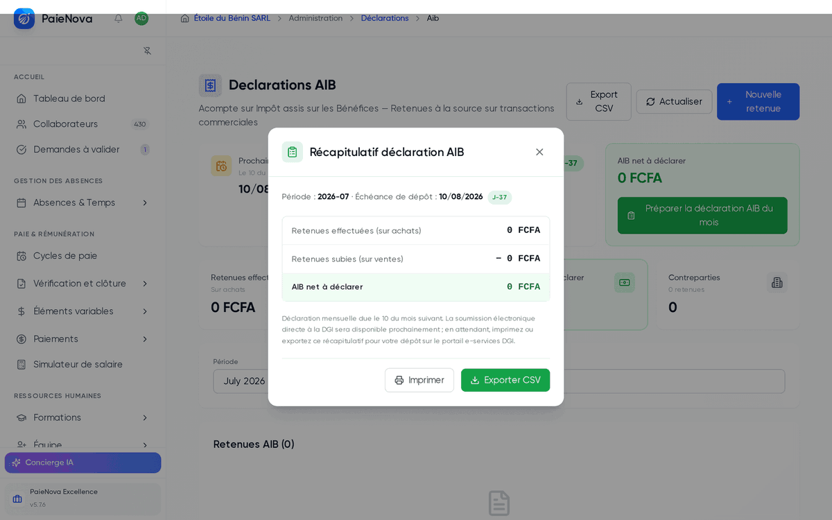 Fenêtre Récapitulatif déclaration AIB avec les retenues effectuées et subies, le net à déclarer et les boutons Imprimer et Exporter CSV