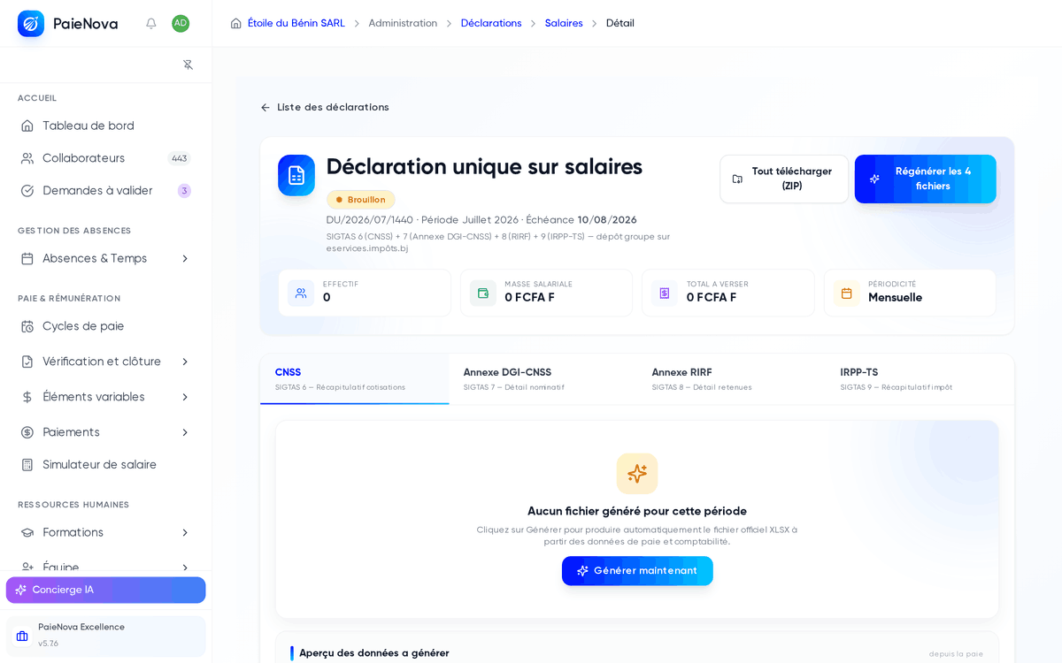 Fiche d’une déclaration unique sur salaires en brouillon, avec les quatre onglets SIGTAS et les boutons Tout télécharger (ZIP) et Régénérer les 4 fichiers