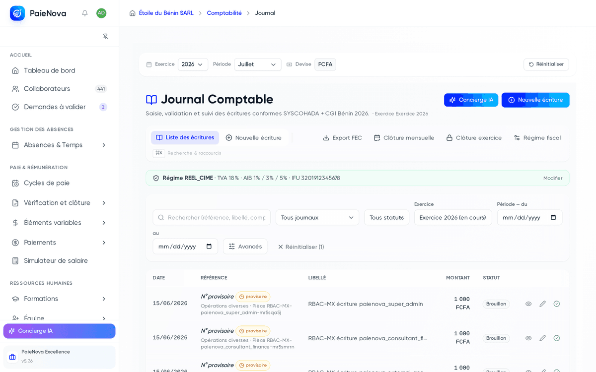 Sidebar de PaieNova dépliée sur le journal comptable, avec le bouton Concierge IA en dégradé violet et bleu ancré en bas du menu
