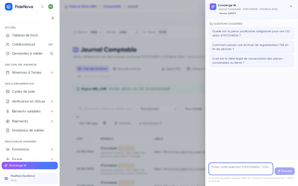 Panneau Concierge IA ouvert sur le journal comptable, état vide avec les trois questions suggérées du module Journal et la zone de saisie