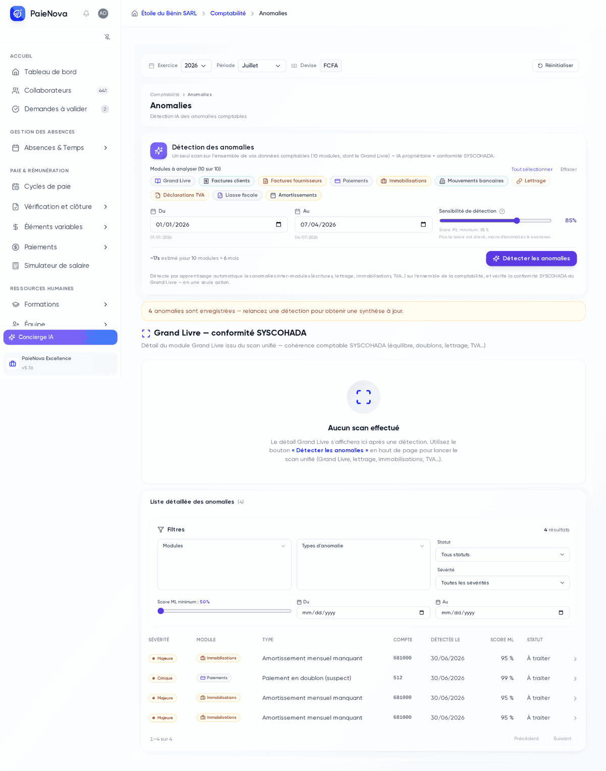 Page Anomalies avec le sélecteur de périmètre des modules, la synthèse de détection et la liste détaillée des anomalies