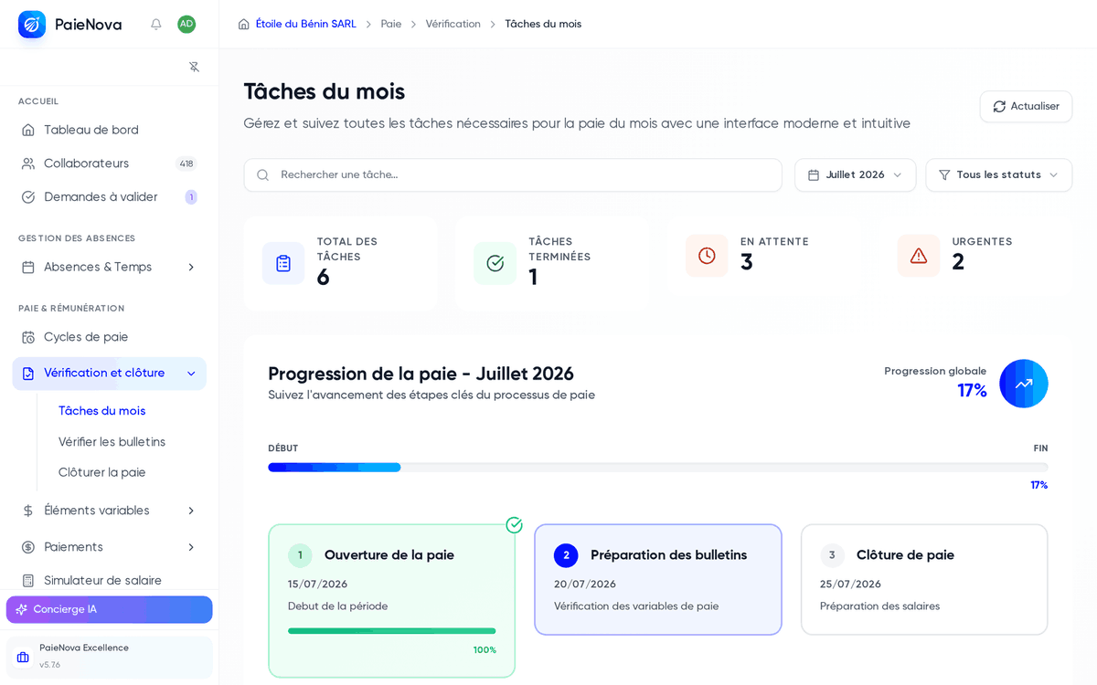Vue d’ensemble du module Paie : groupe Paie et Rémunération dans la barre latérale et page Tâches du mois