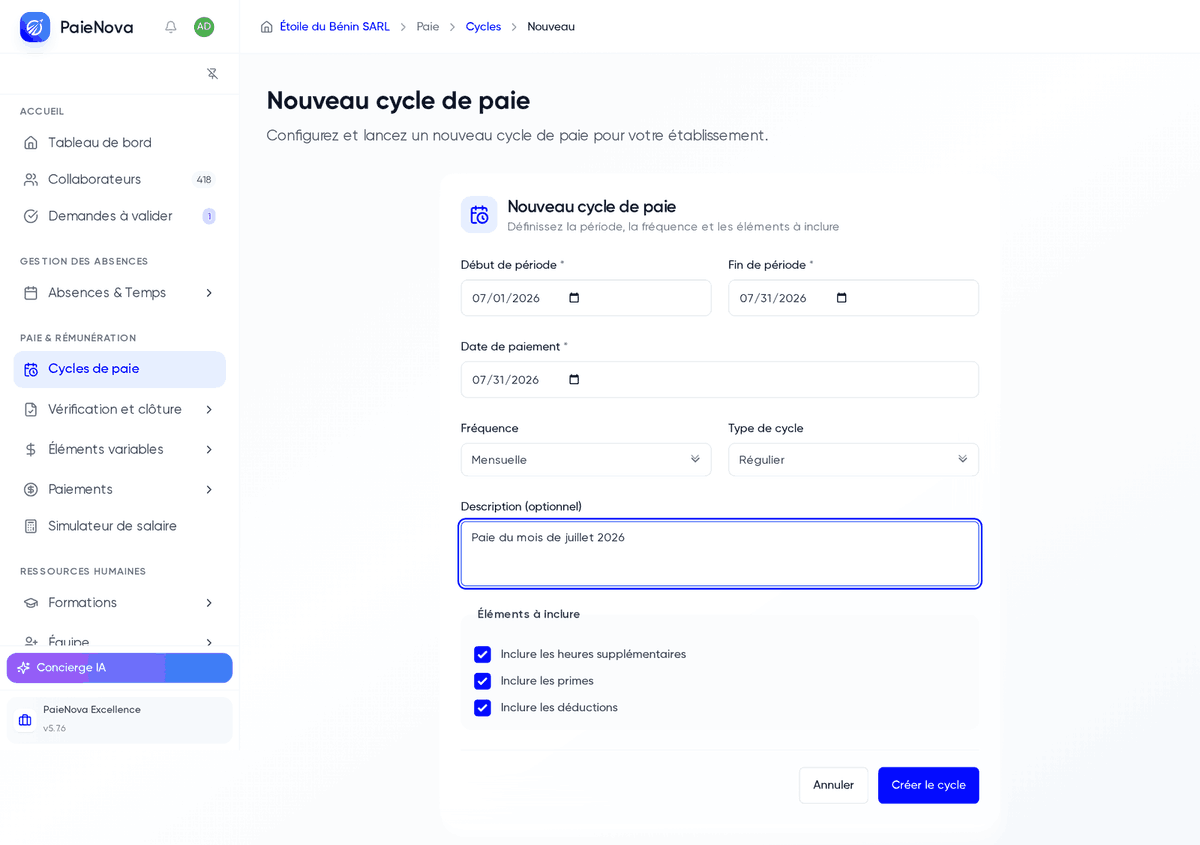 Formulaire Nouveau cycle de paie rempli avec la période, la date de paiement, la fréquence, le type de cycle et les éléments à inclure