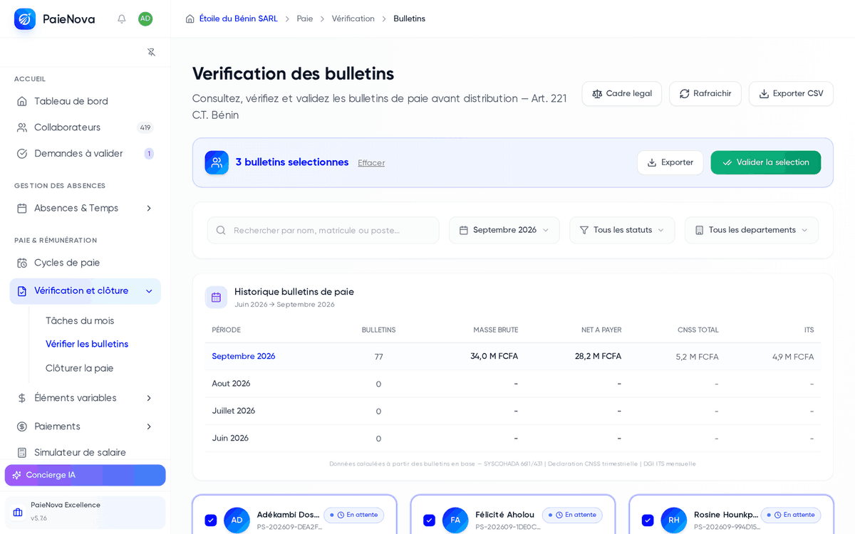 Sélection multiple de bulletins avec la barre d’actions par lot proposant Exporter et Valider la sélection