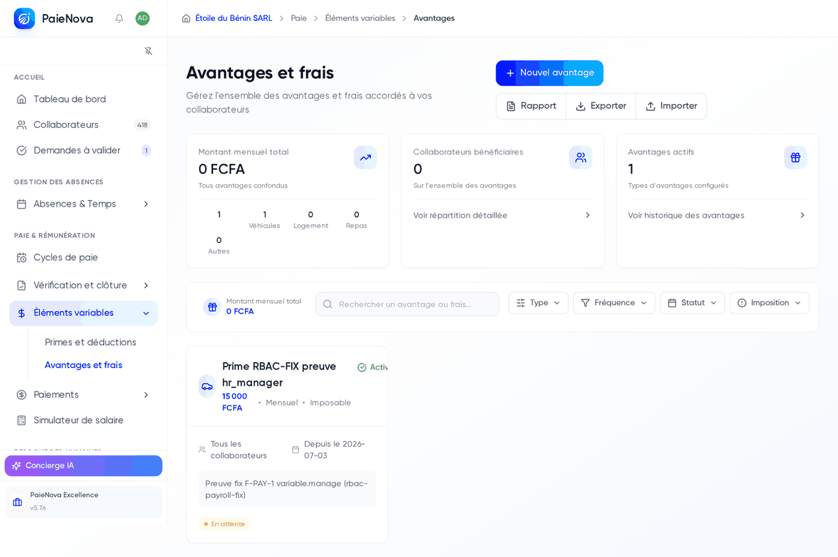Page Avantages et frais avec les statistiques, les filtres et les cartes d’avantages configurés
