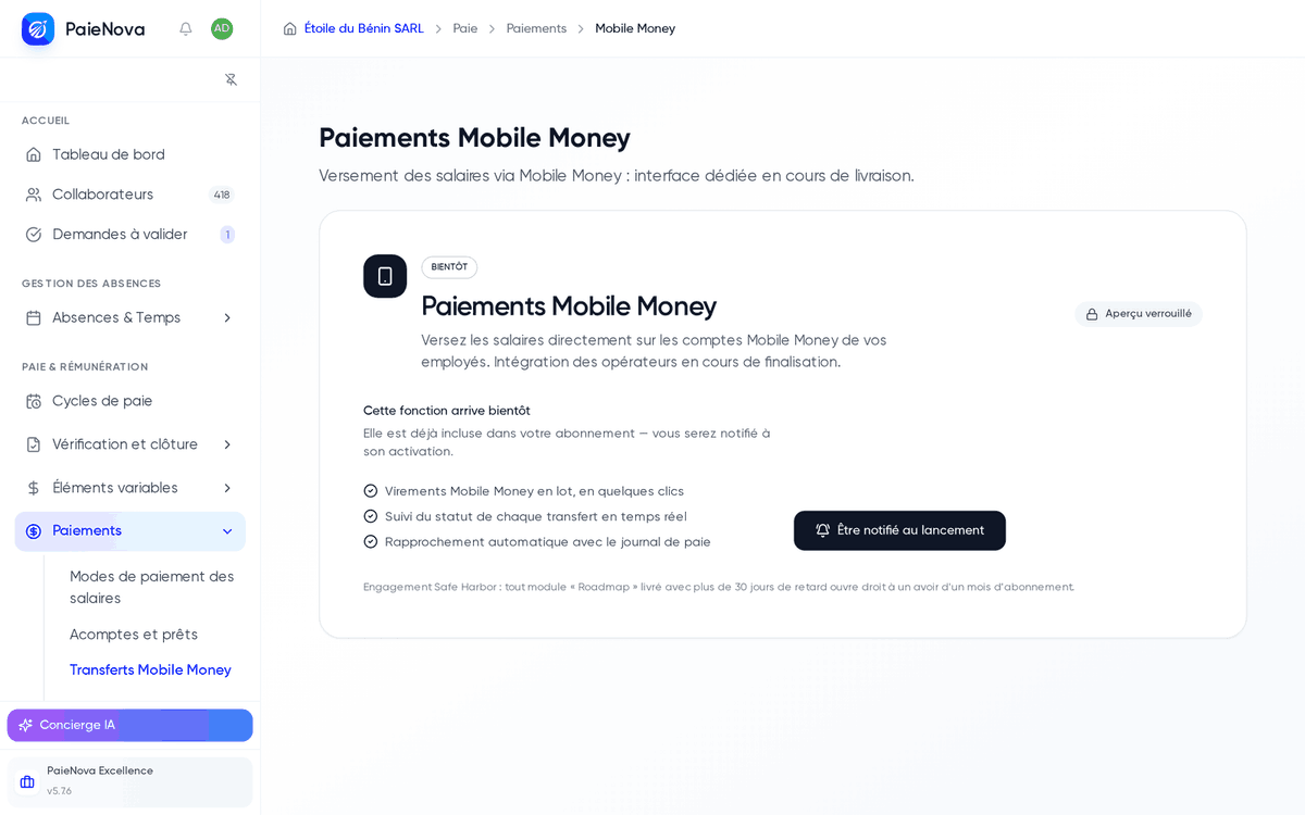 Panneau Bientôt de la page Paiements Mobile Money, fonctionnalité en cours de livraison