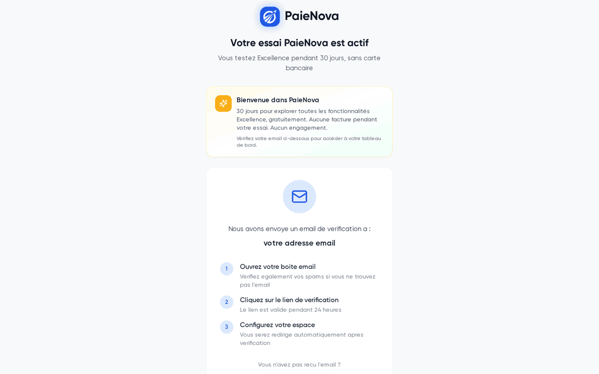 Page de vérification d’email avec la carte de bienvenue de l’essai Excellence et les trois étapes à suivre