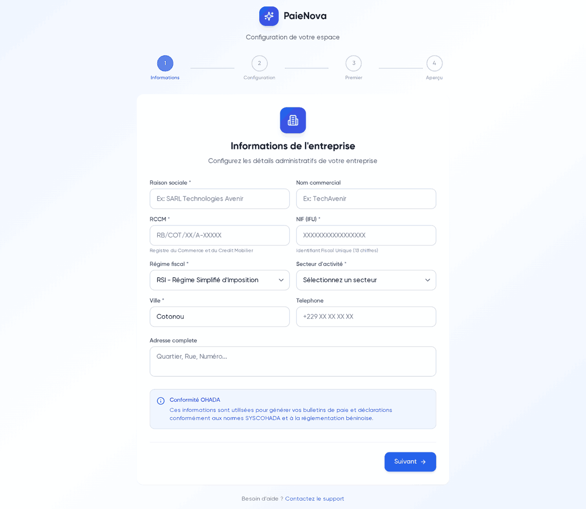 Assistant de configuration, étape 1 « Informations de l’entreprise » avec la barre de progression en 4 étapes