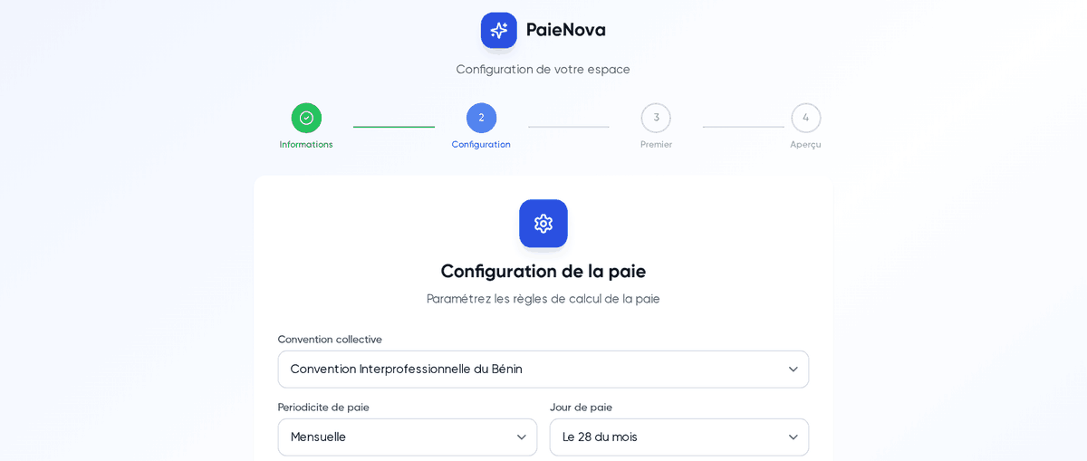 Étape 2 « Configuration de la paie » avec la convention collective et la périodicité