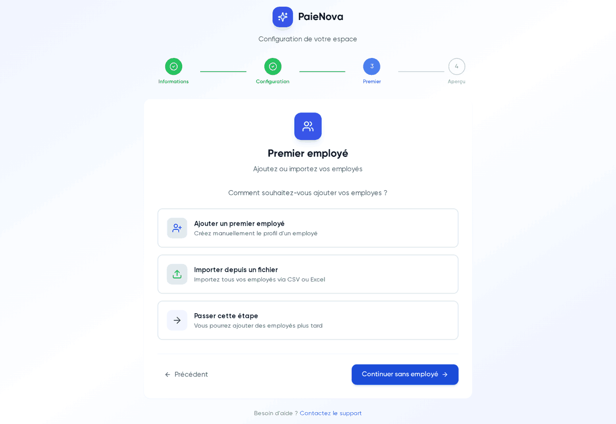 Étape 3 « Premier employé » avec les trois options : ajouter un premier employé, importer depuis un fichier ou passer cette étape