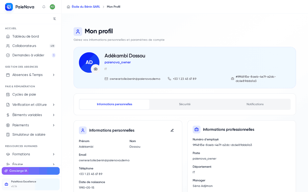 Page « Mon profil » avec les onglets Informations personnelles, Sécurité et Notifications
