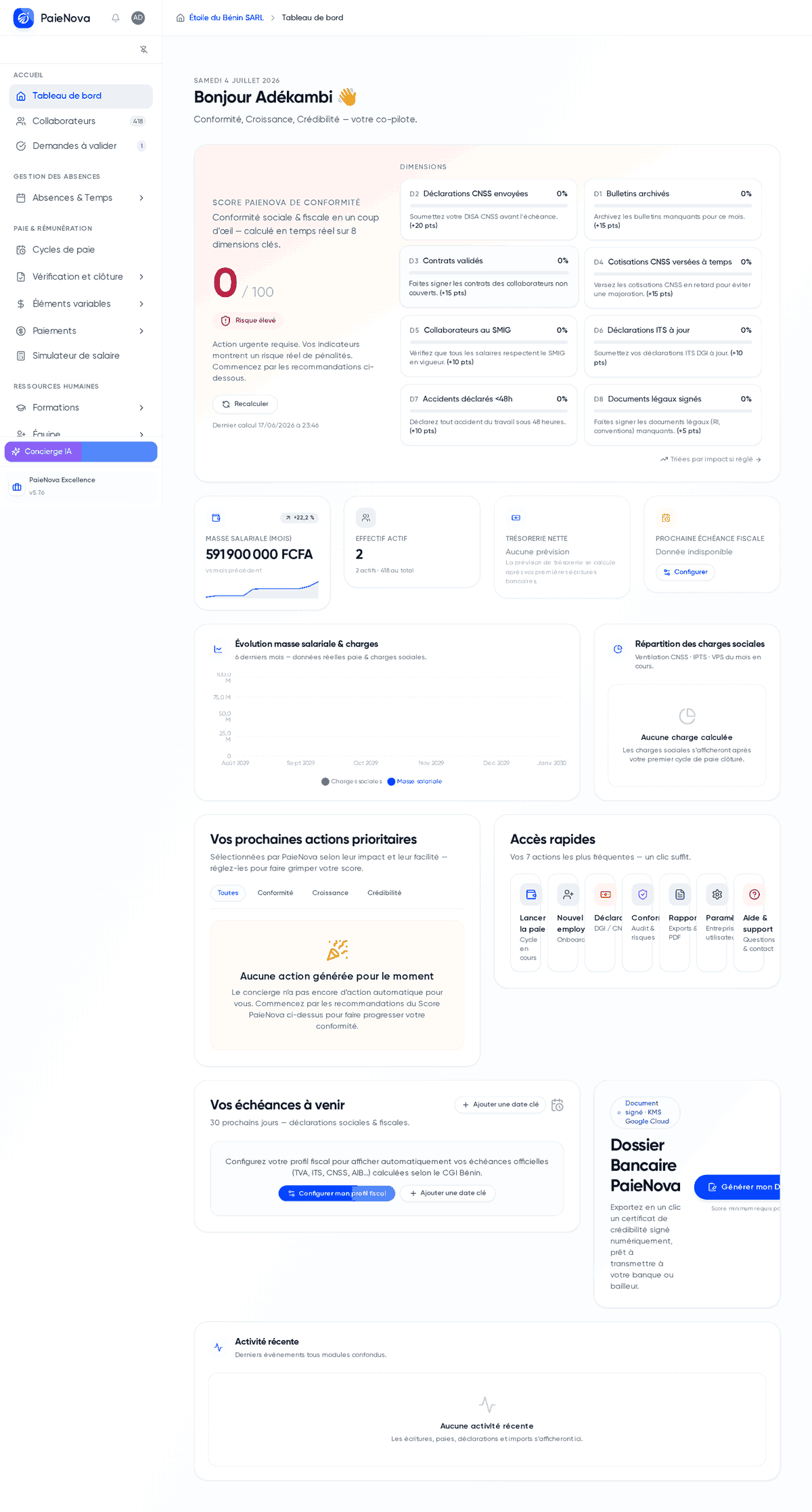 Tableau de bord complet en vue dirigeant avec le score de conformité, les cartes KPI, les graphiques et les widgets