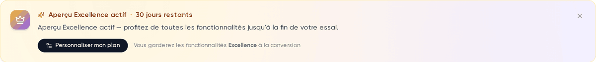 Bandeau « Aperçu Excellence actif » avec le nombre de jours restants et le bouton « Personnaliser mon plan »