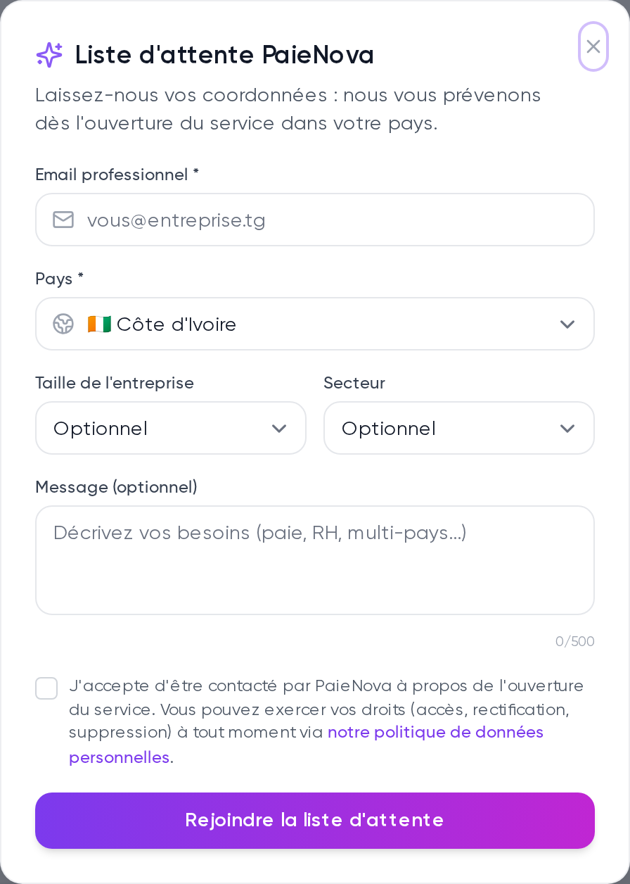 Fenêtre « Liste d’attente PaieNova » après sélection d’un pays à venir, avec les champs email, pays et message