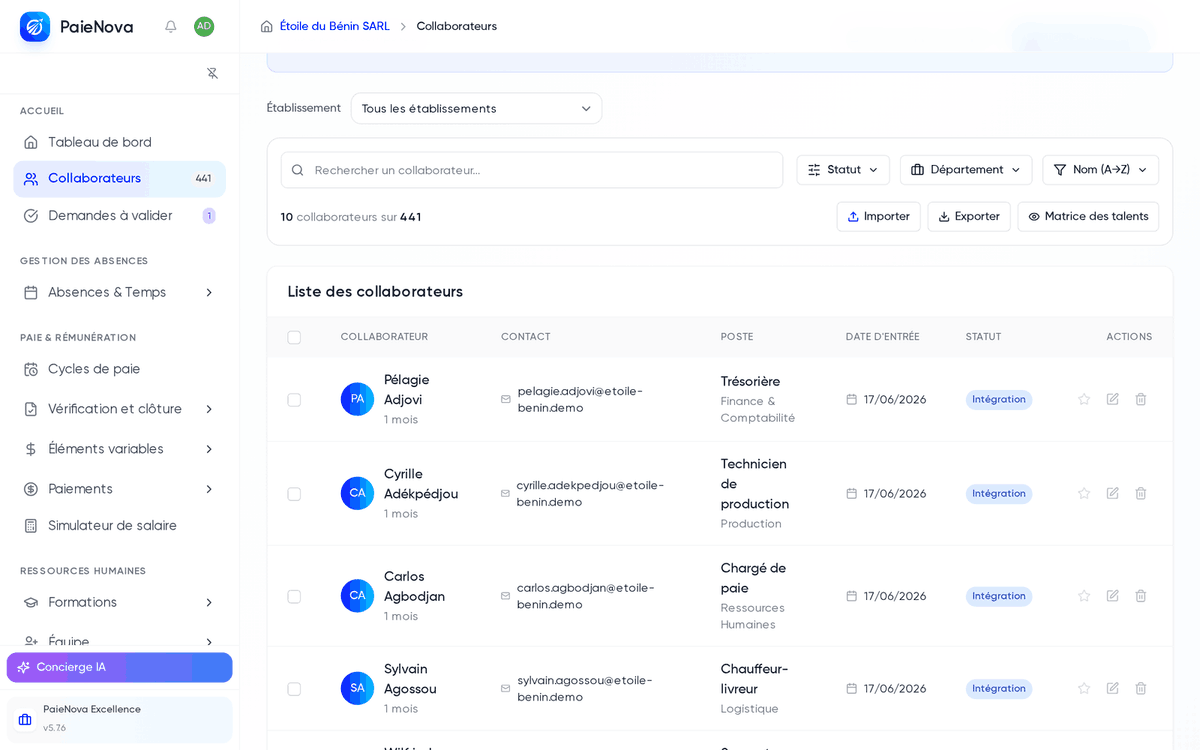 Page Collaborateurs avec la recherche, les filtres par statut et département et la liste des collaborateurs