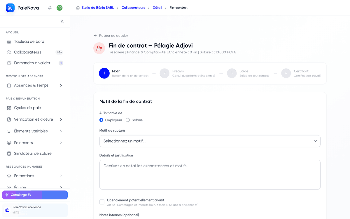 Assistant de fin de contrat, étape Motif avec l’indicateur des quatre étapes Motif, Préavis, Solde et Certificat