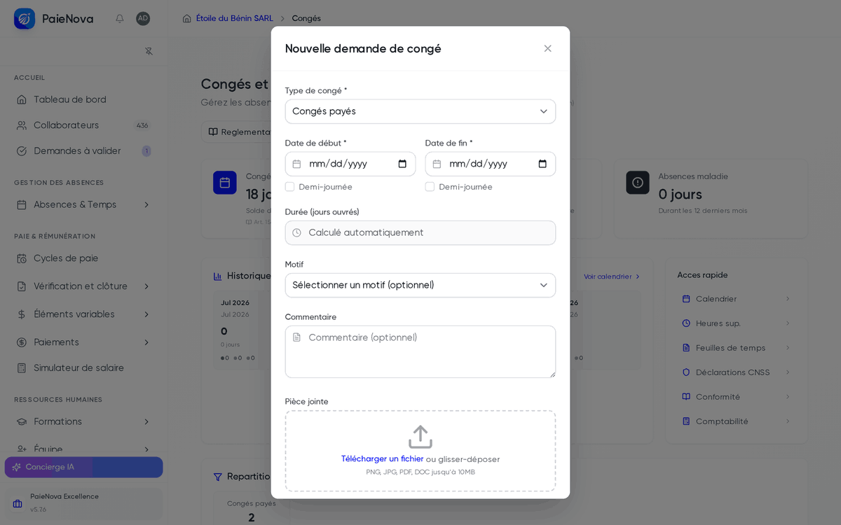 Formulaire Nouvelle demande de congé avec le type de congé, les dates et la durée calculée automatiquement