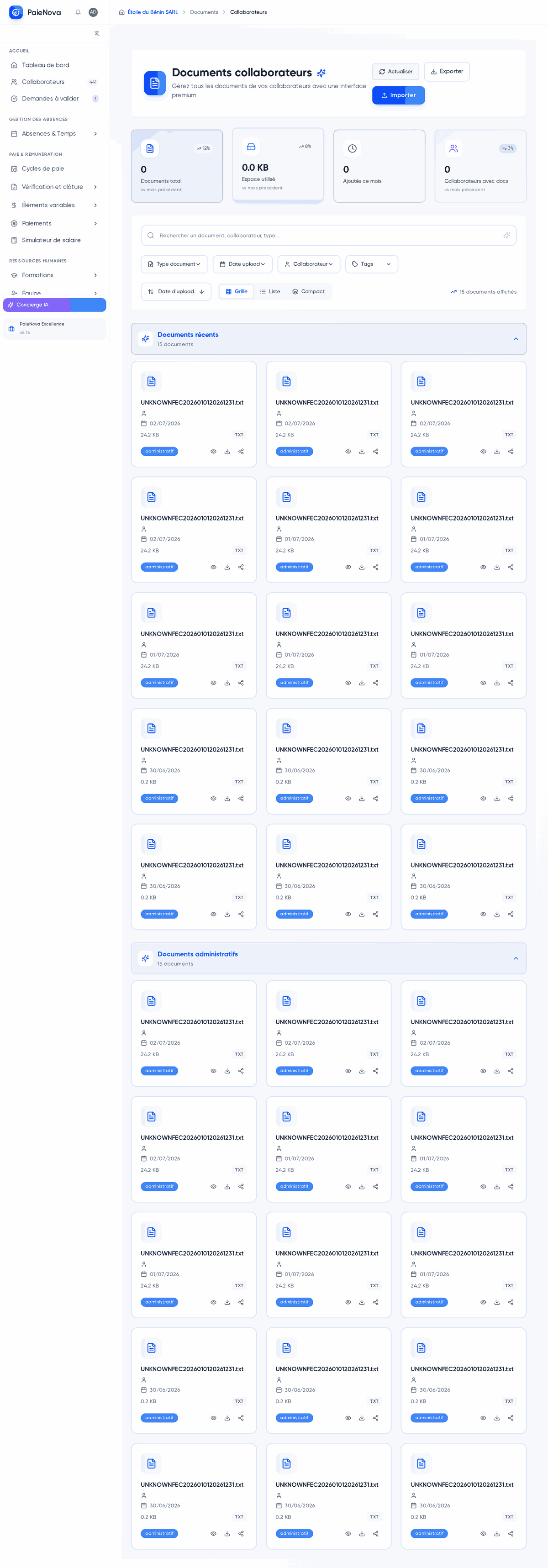 Page Documents collaborateurs avec les statistiques et les sections de documents