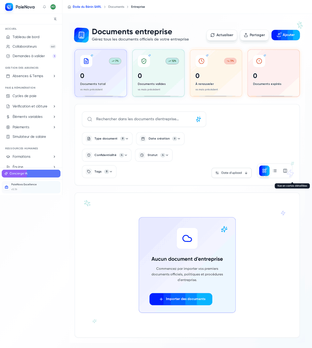 Page Documents entreprise avec les statistiques et l’invitation à importer les premiers documents