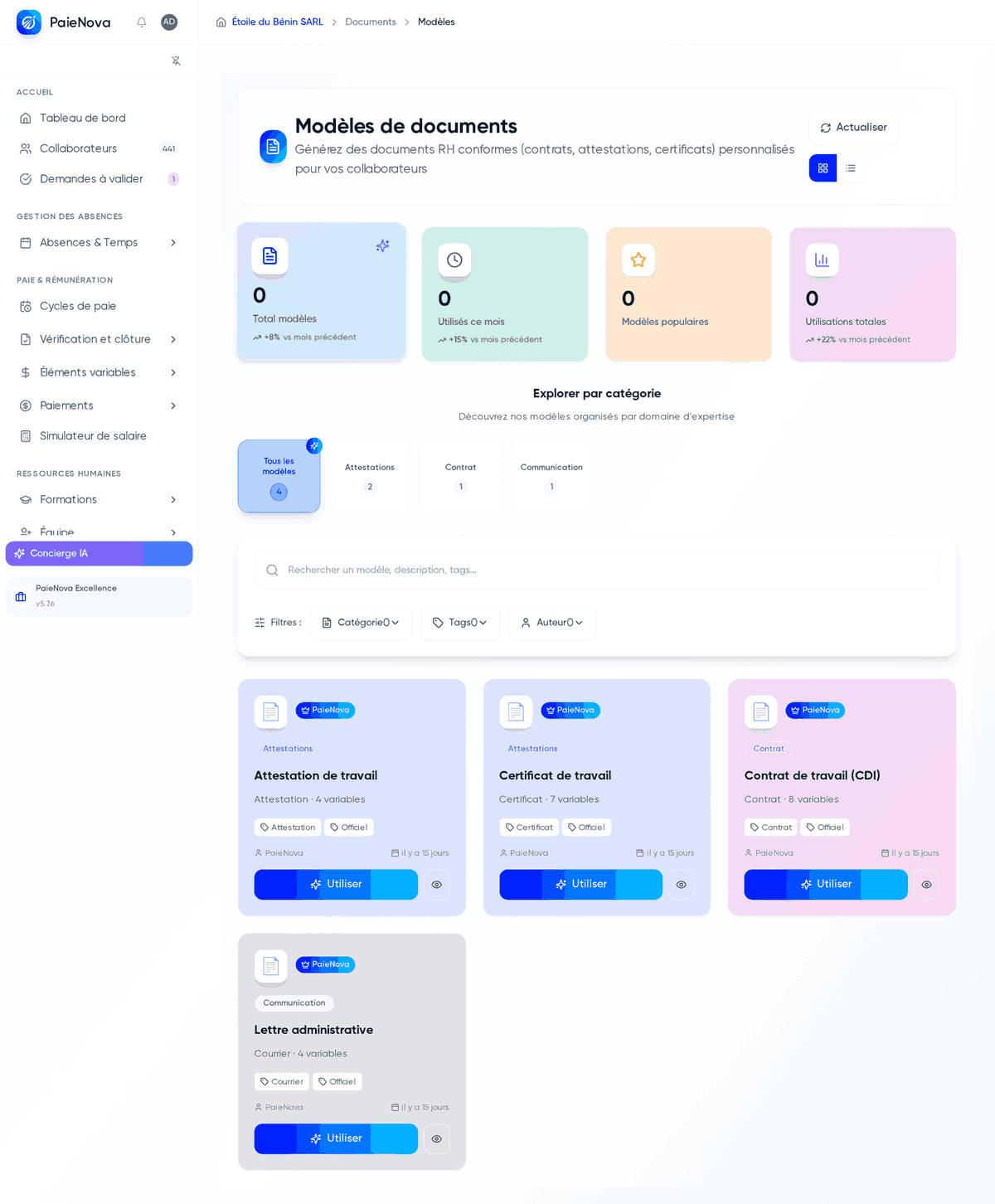 Page Modèles de documents avec les statistiques, les catégories et les cartes de modèles