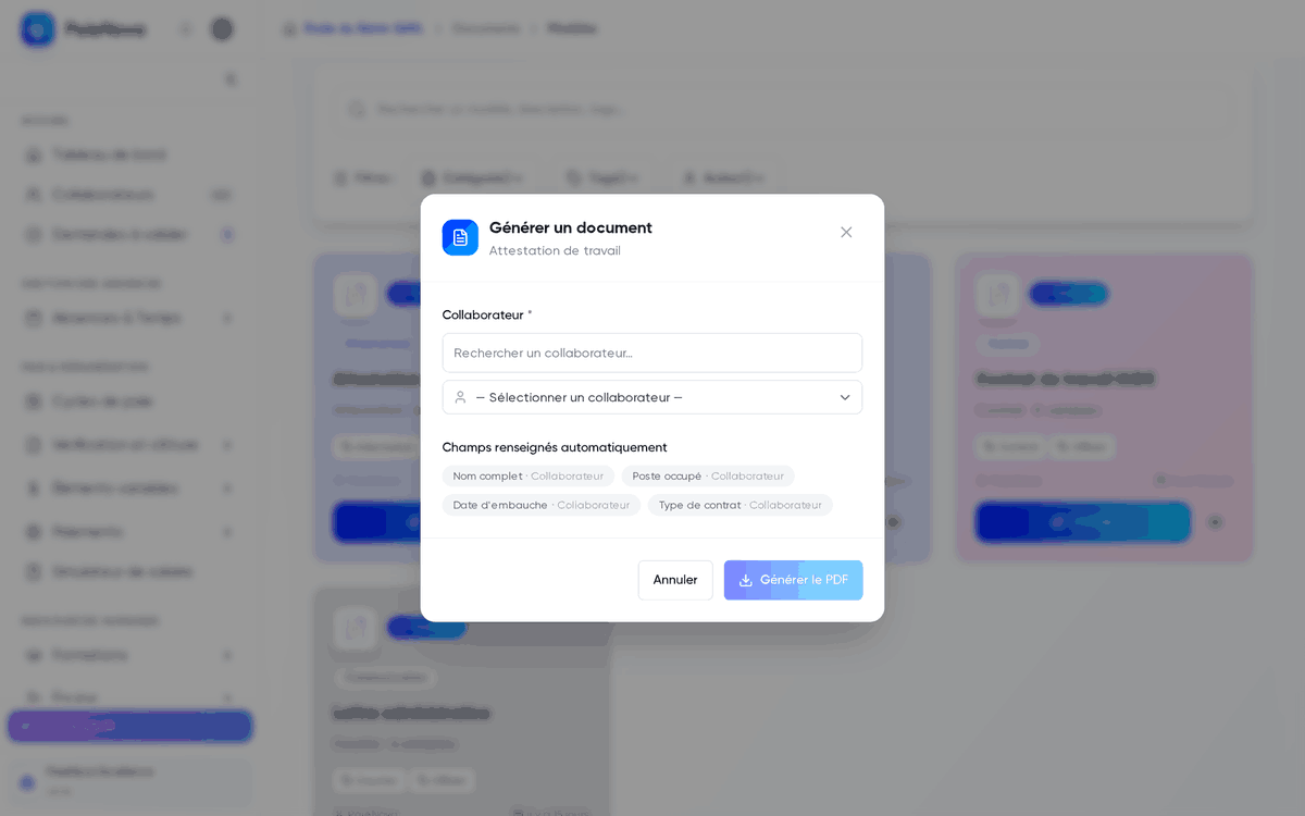 Fenêtre Générer un document avec la sélection du collaborateur, les champs renseignés automatiquement et le bouton Générer le PDF