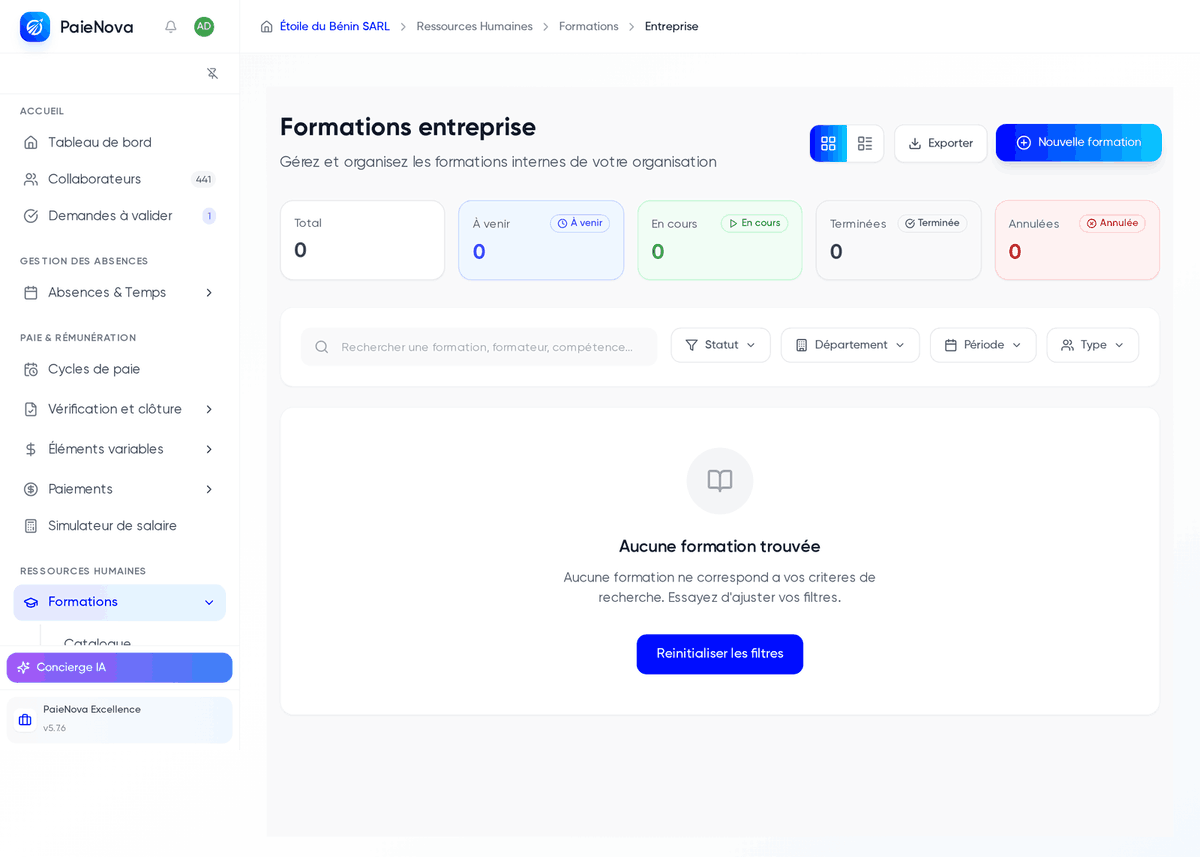 Page Formations entreprise avec les compteurs de statut, la recherche et les filtres du tableau