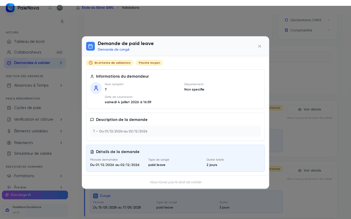 Fenêtre de détail d’une demande de congé en attente de validation : informations du demandeur, description et détails de la période demandée